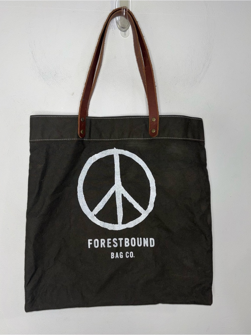 FORESTBOUND Bag Co. Green Canvas Tote Bag Peace Sign Dual Leather Handles USA